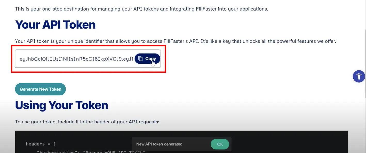 Copying the new API token