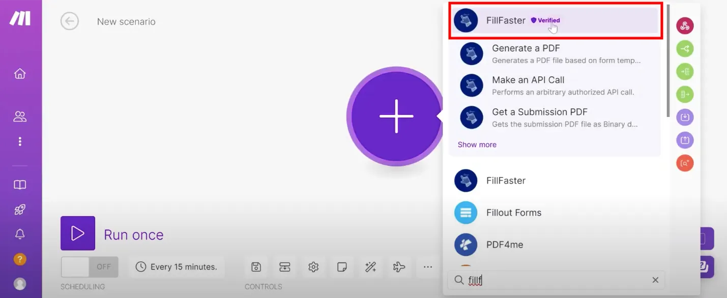 Finding the FillFaster app in Make.com