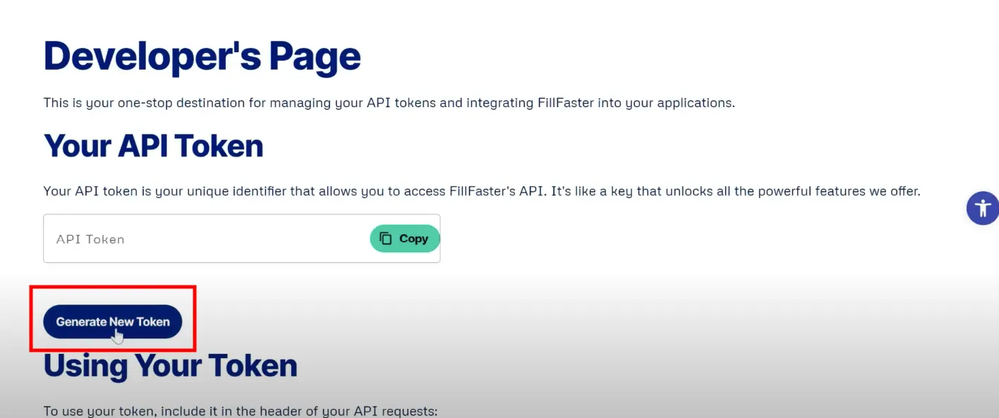 Generating a new API token in FillFaster