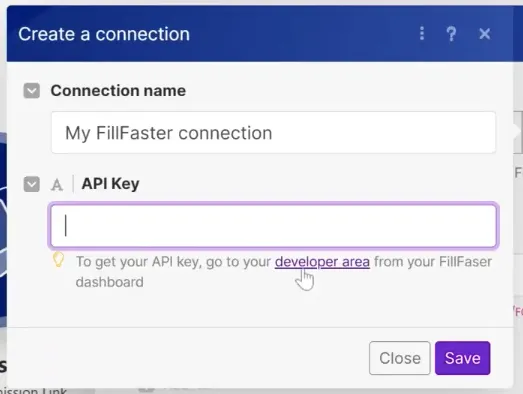 Navigating to the developer page in FillFaster