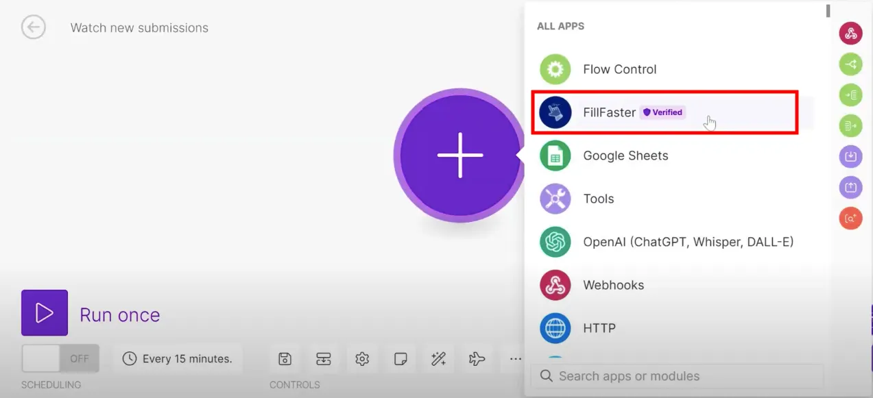 Choosing the FillFaster app in a Make.com scenario