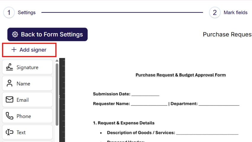 The Add signer button above the document in the form builder