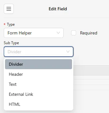 The &#x27;Add new data field&#x27; dropdown menu showing Header, Helper Text, Divider Line, and HTML options