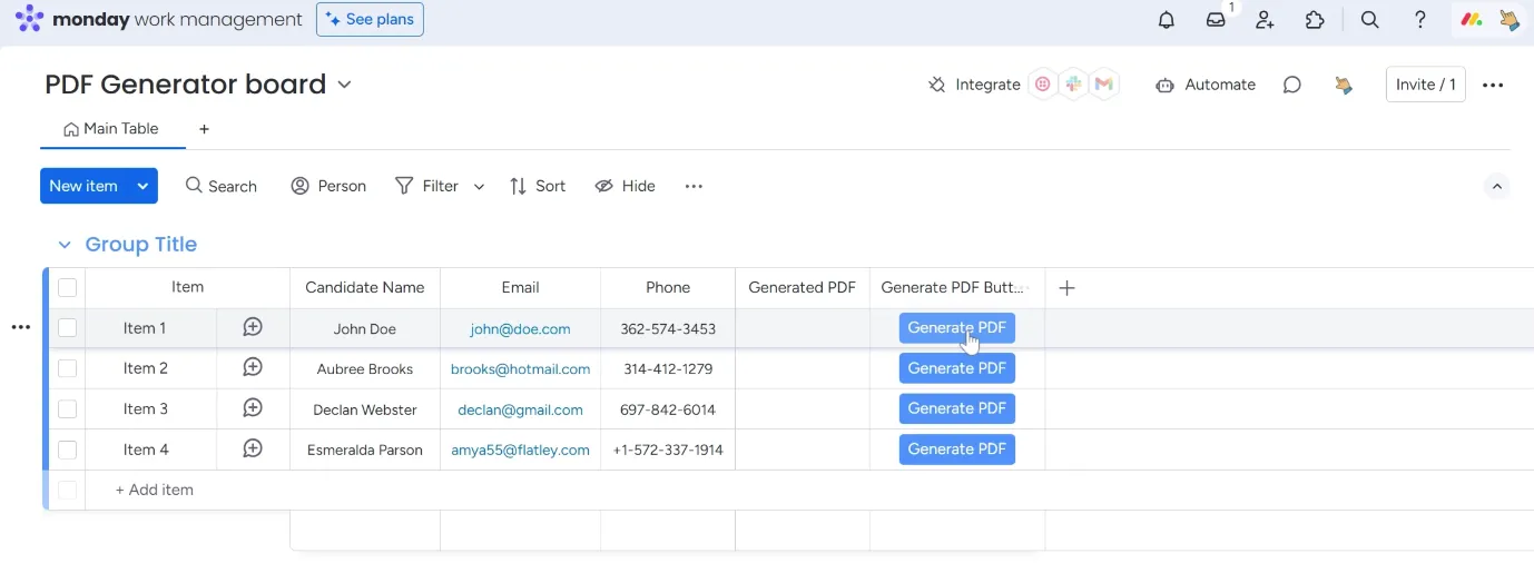 An example monday.com board with a 'Generate PDF' button