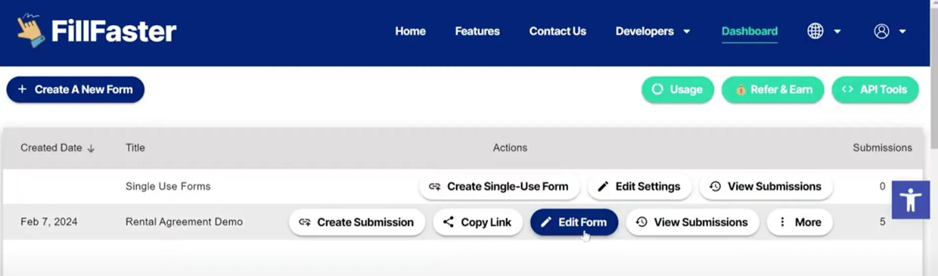 Clicking 'Edit Form' from the dashboard