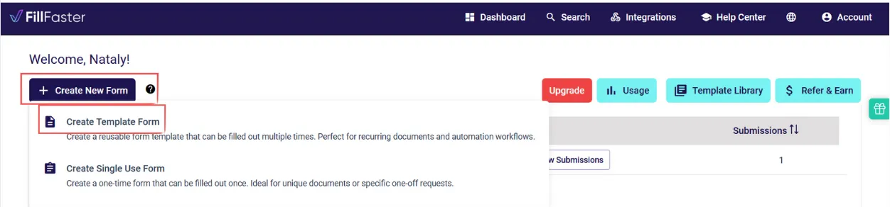 Dashboard screen with a button to create a new form template