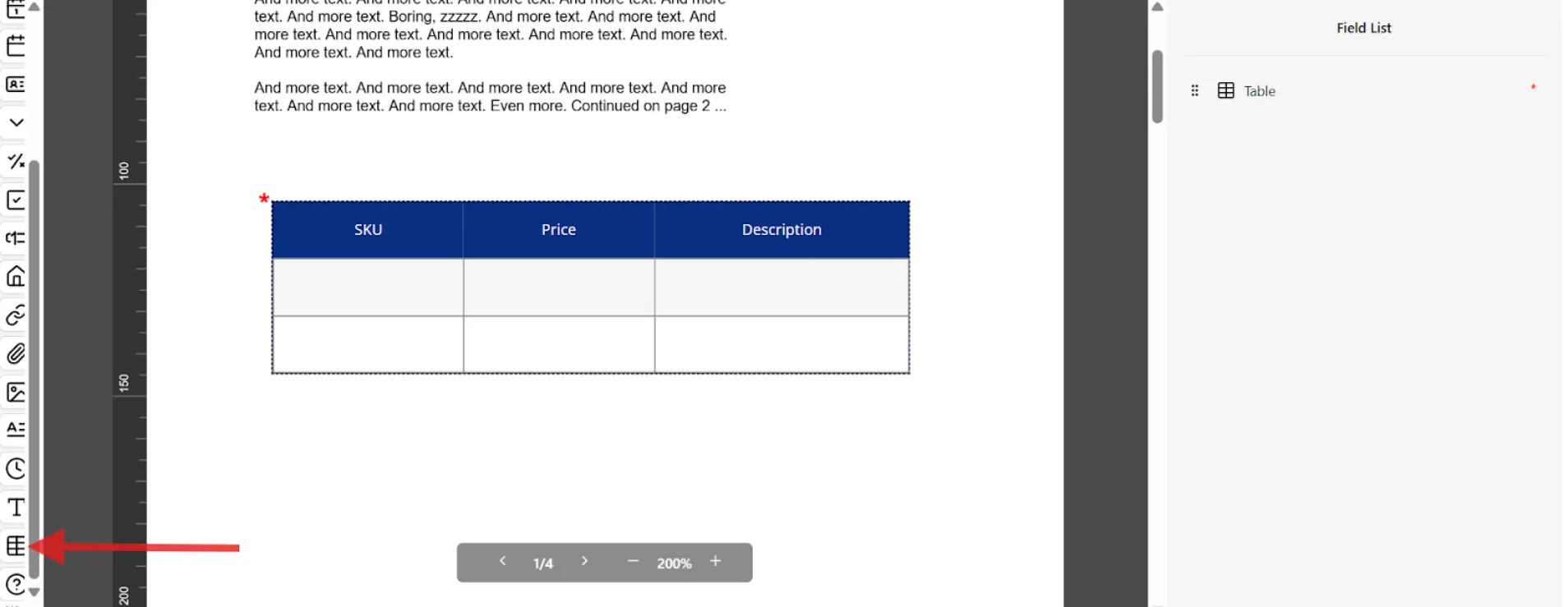 Adding a Table field to a form in the FillFaster builder