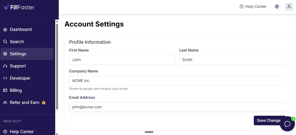 Account Settings with First Name, Last Name, and Company Name