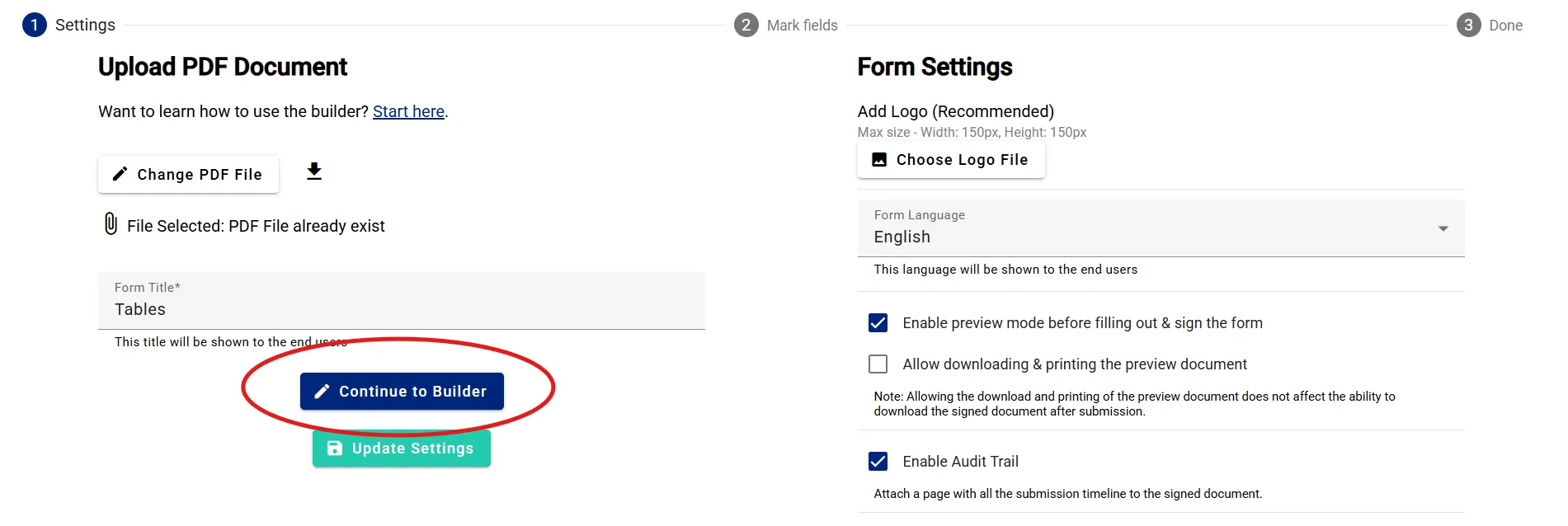 Clicking on Continue to Builder