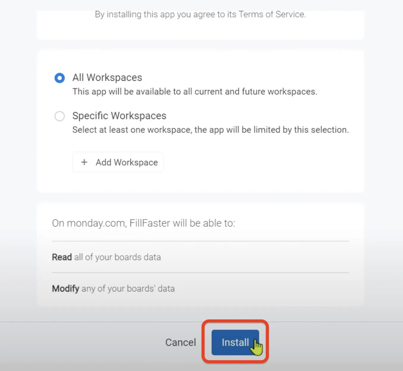 Installing the FillFaster app from the monday.com marketplace