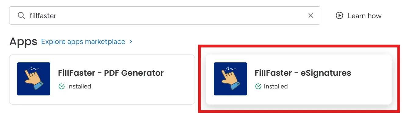Selecting the FillFaster eSignatures app in the monday.com integration center