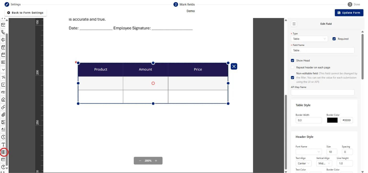 Adding a Table field to a form in the FillFaster builder