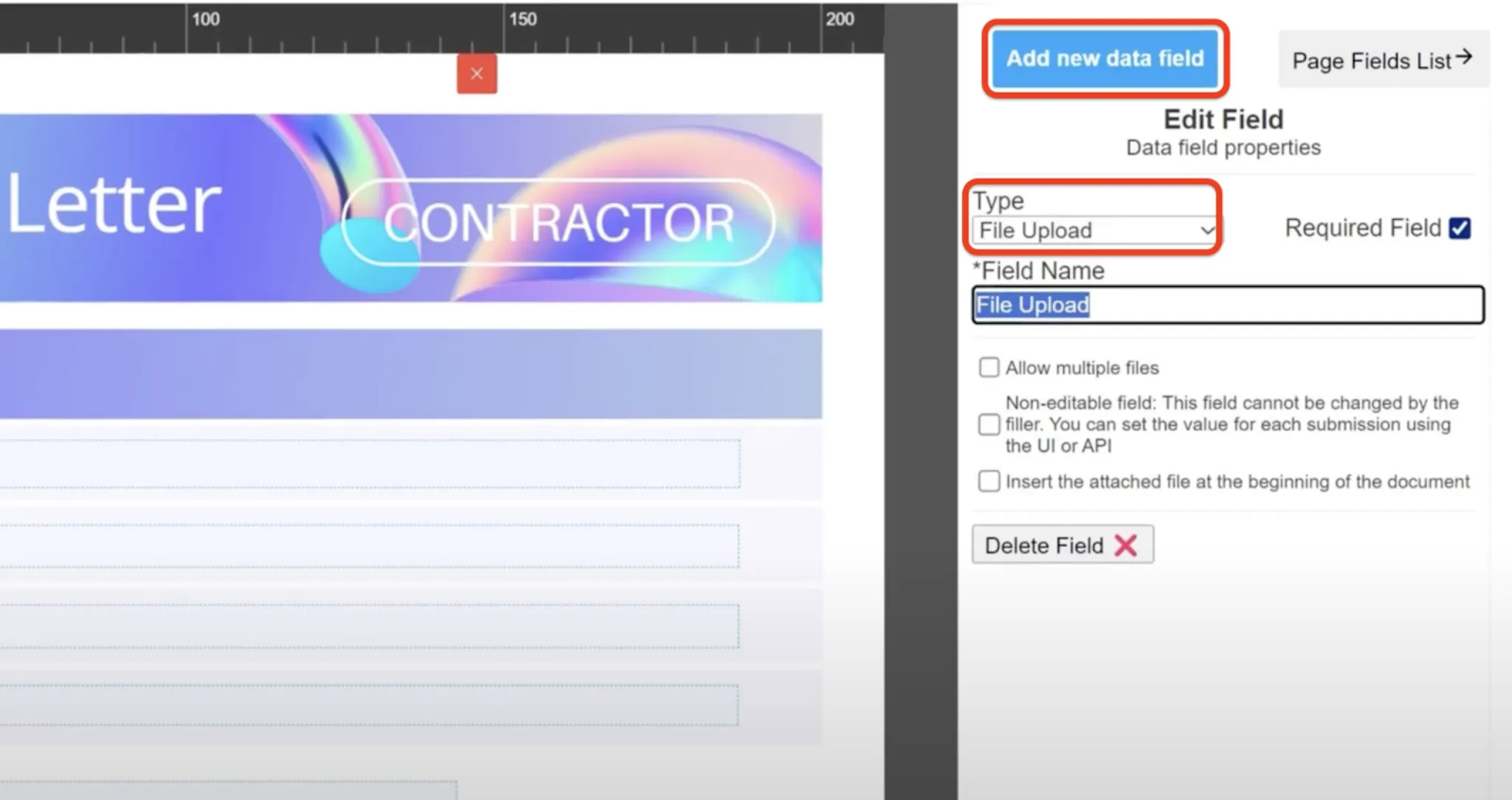 Add a new file upload data field in the form builder
