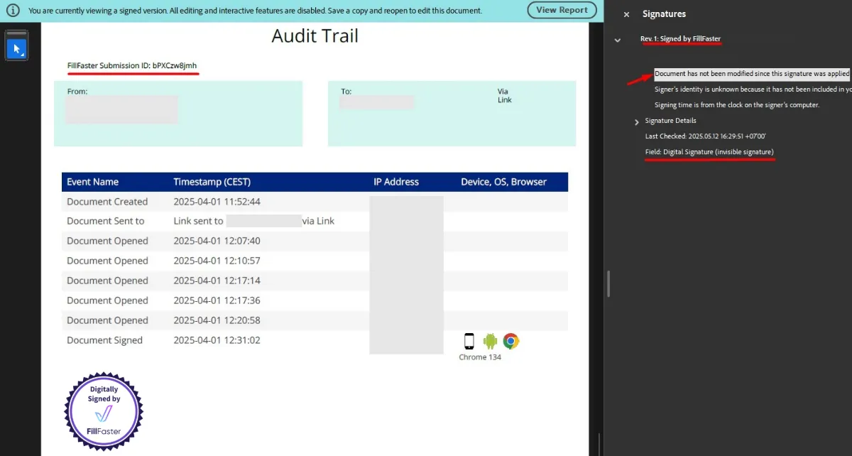 Acrobat Reader showing the verified cryptographic signature