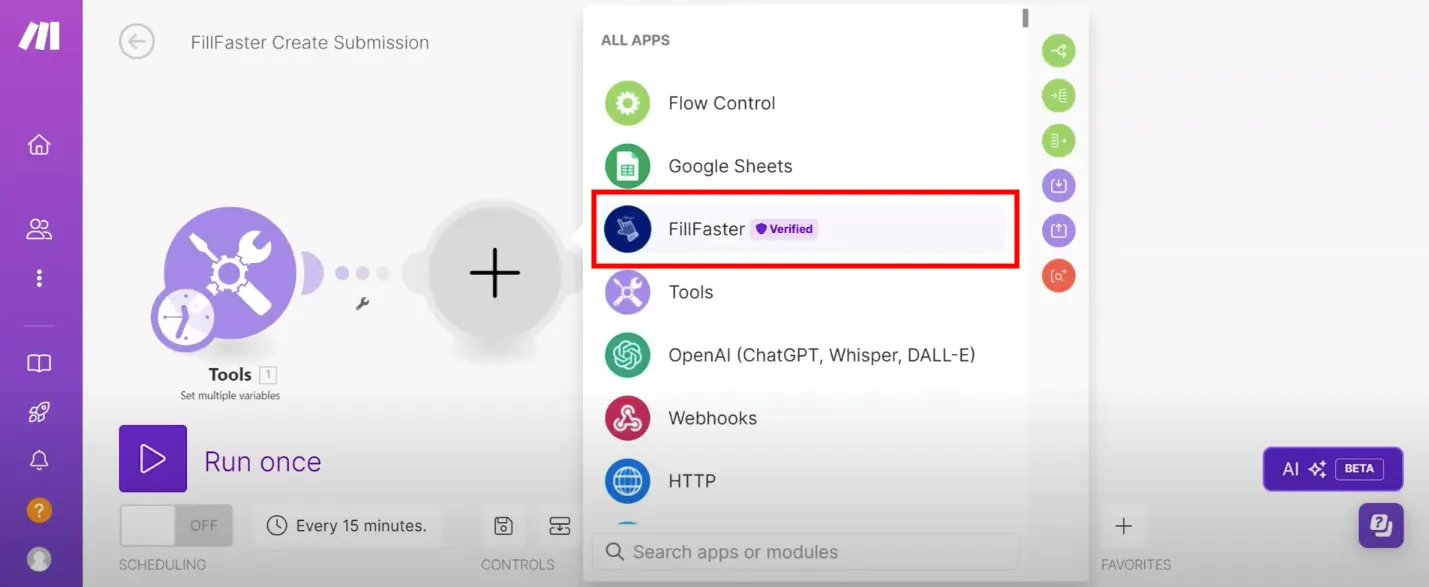 Select FillFaster app in a Make scenario