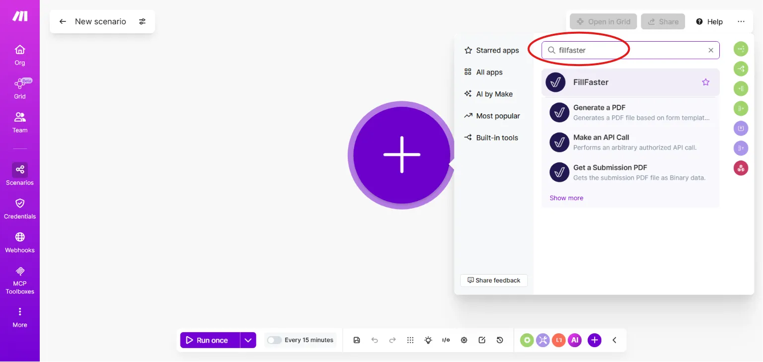 Choosing the FillFaster app in a Make.com scenario