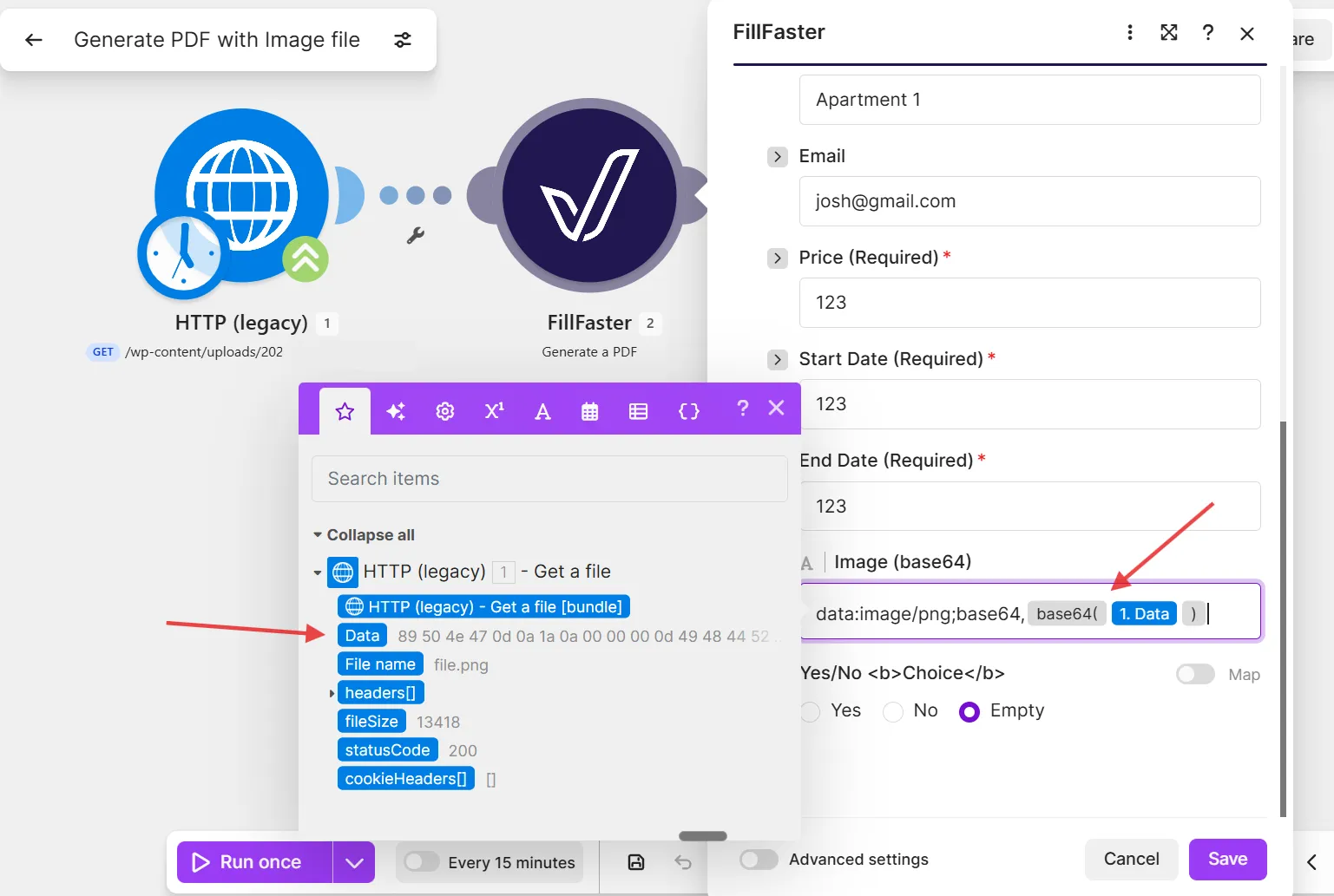 Using Make.com's built-in base64 function to convert image data
