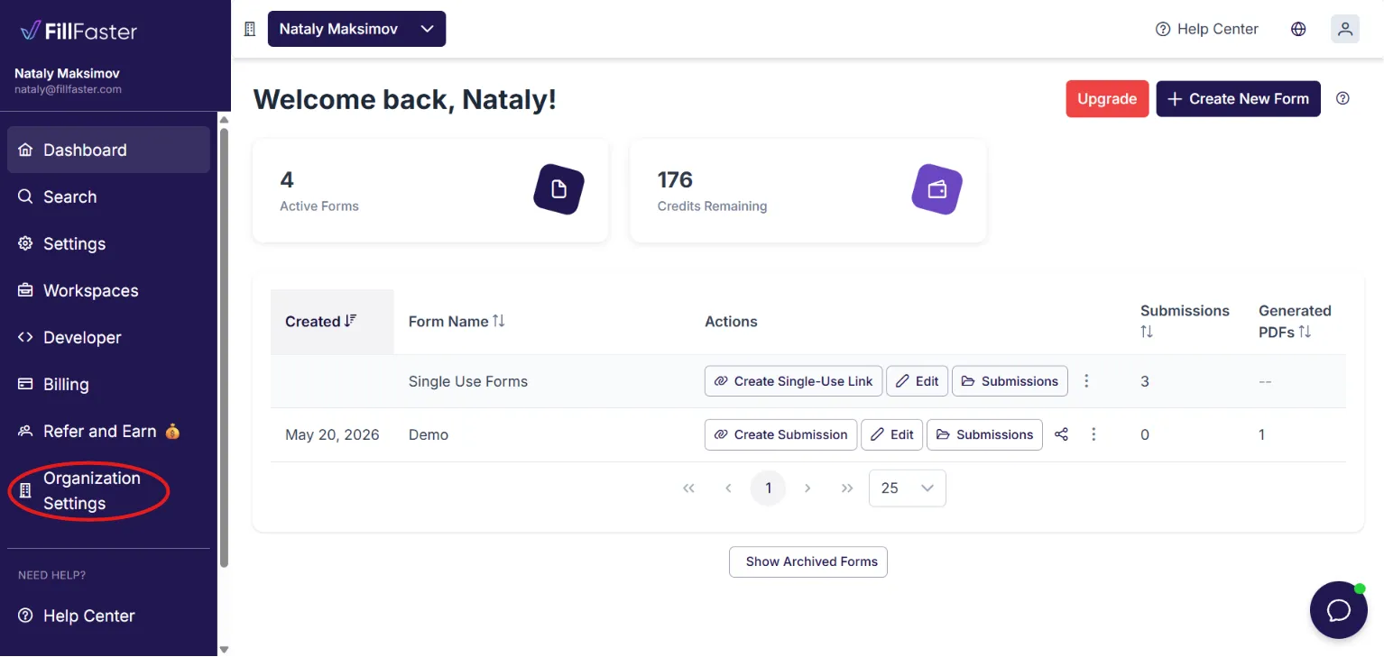 FillFaster dashboard navigation to account settings