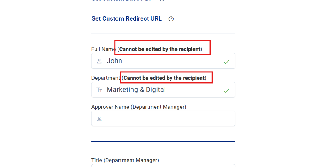 Fields filled when sending, marked Cannot be edited by the recipient