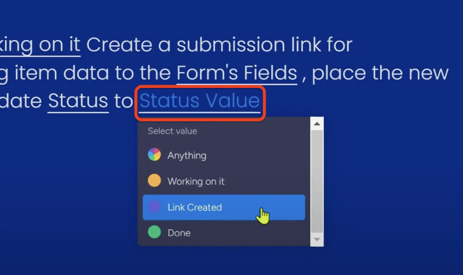 Setting the new status value to 'Link created'
