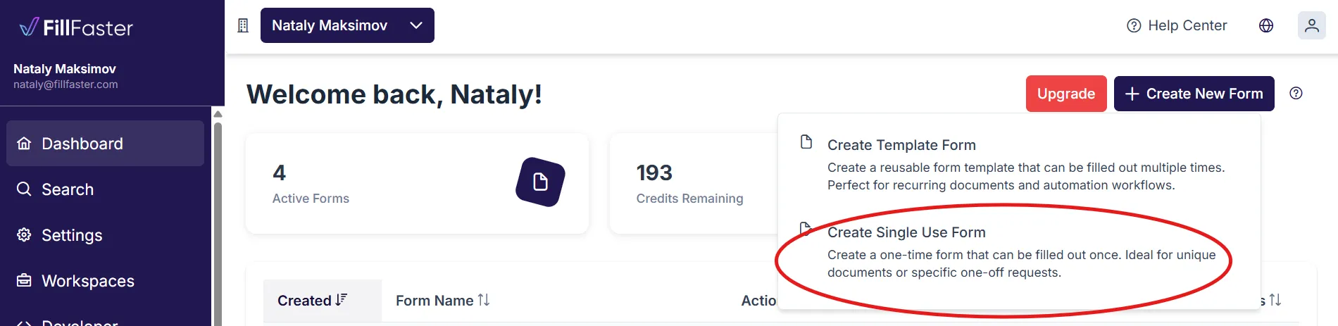 Dashboard screen showing the 'Create A New Form > Create a Single-Use Form' button highlighted