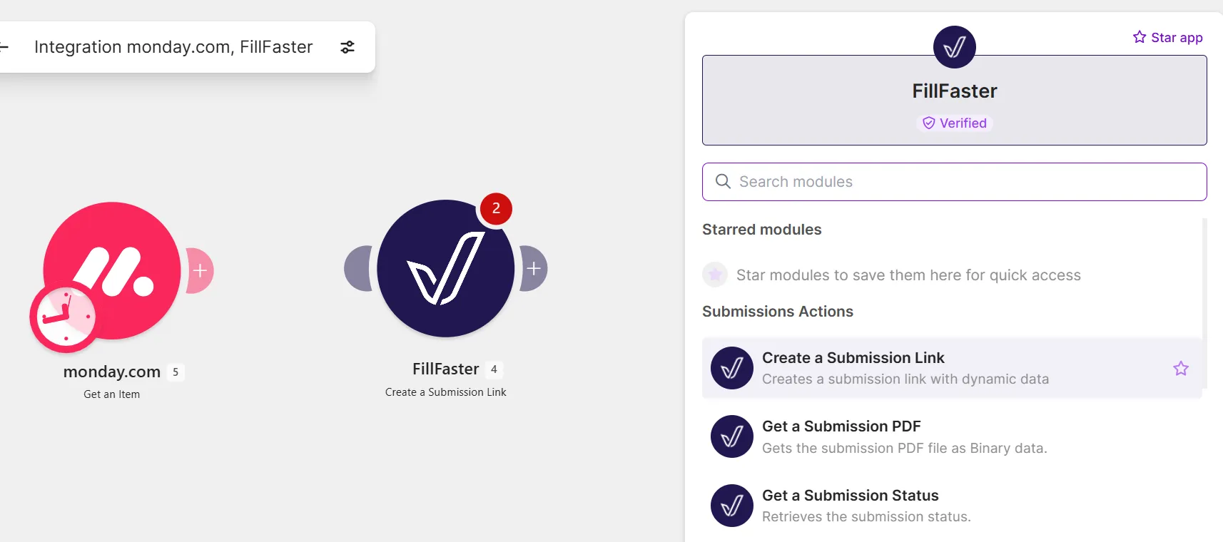 Adding the FillFaster Create a Submission Link module in Make.com