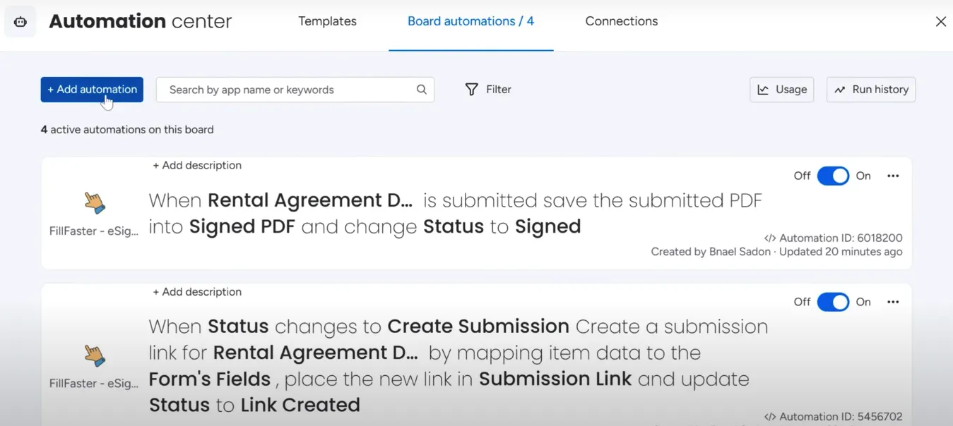 Clicking the 'Add Automation' button