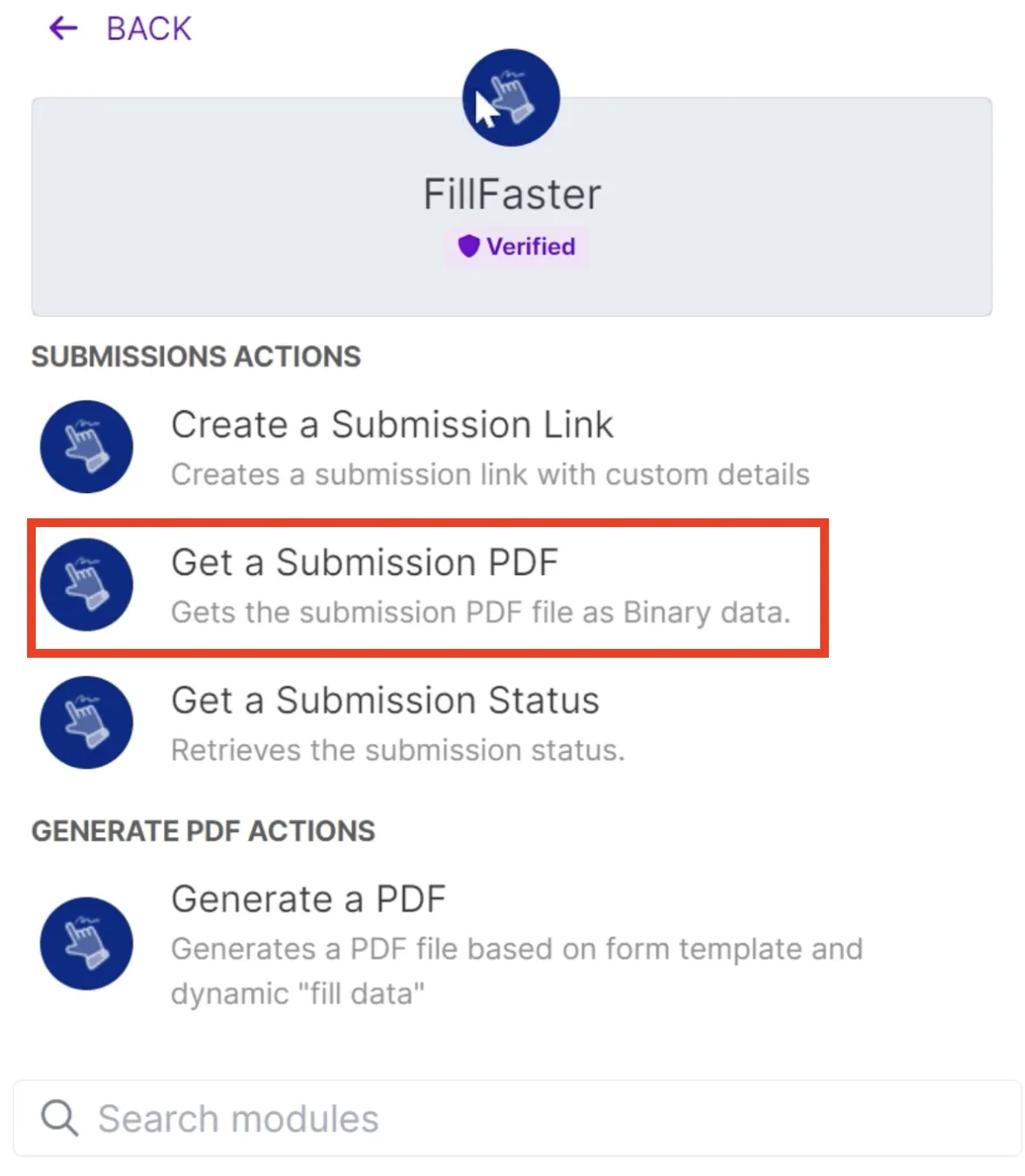 Selecting the 'Get a Submission PDF' module in Make.com