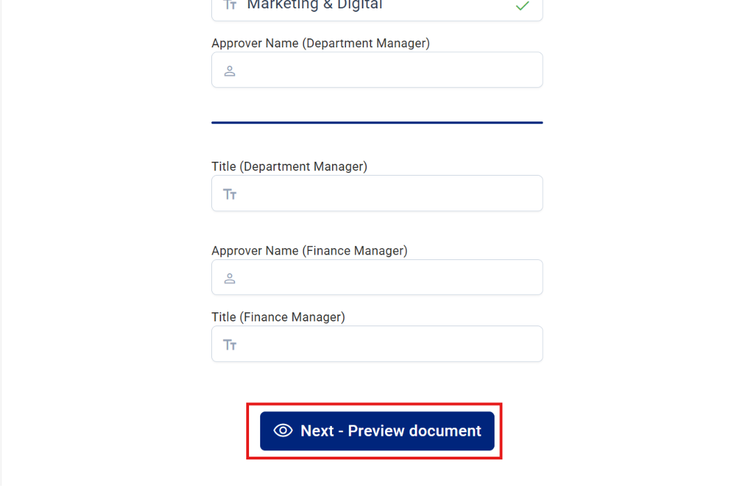 Signers’ fields with the signer’s name next to each one, and the Next - Preview document button