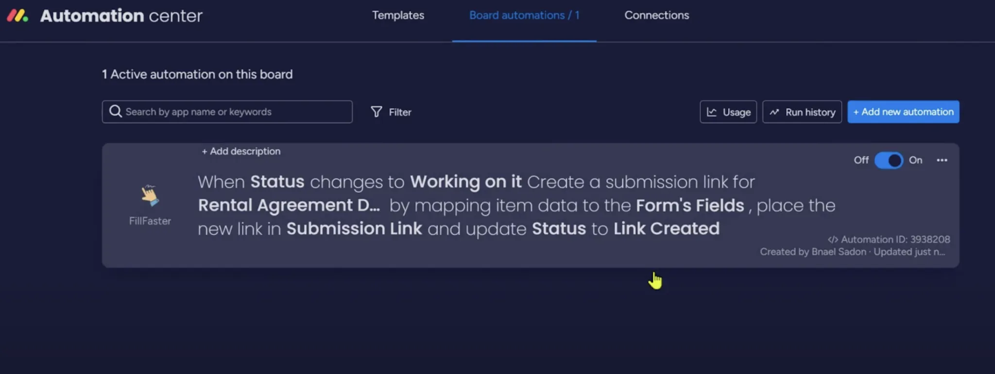 The newly created automation is visible in the board's automation list
