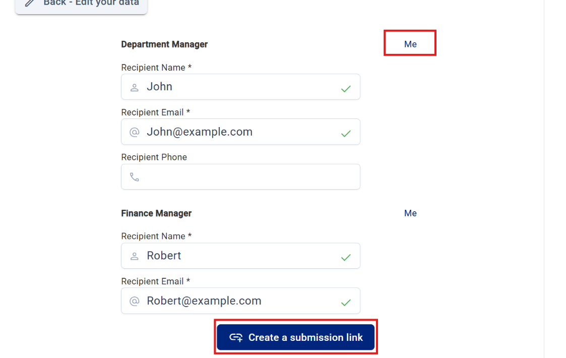 Signer details: name, email and phone for each signer, and the Me button