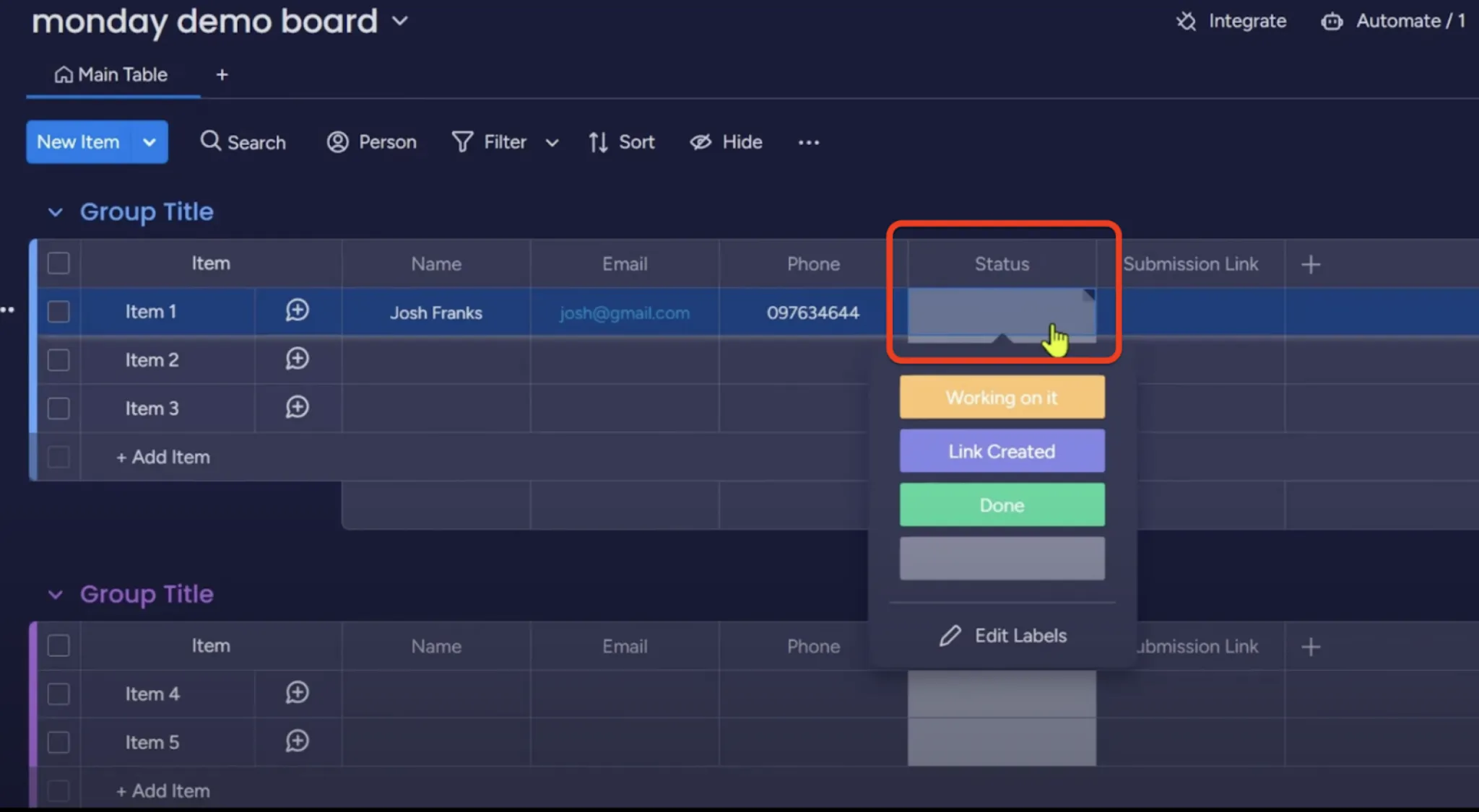 Changing an item's status to 'Create a submission' to trigger the test