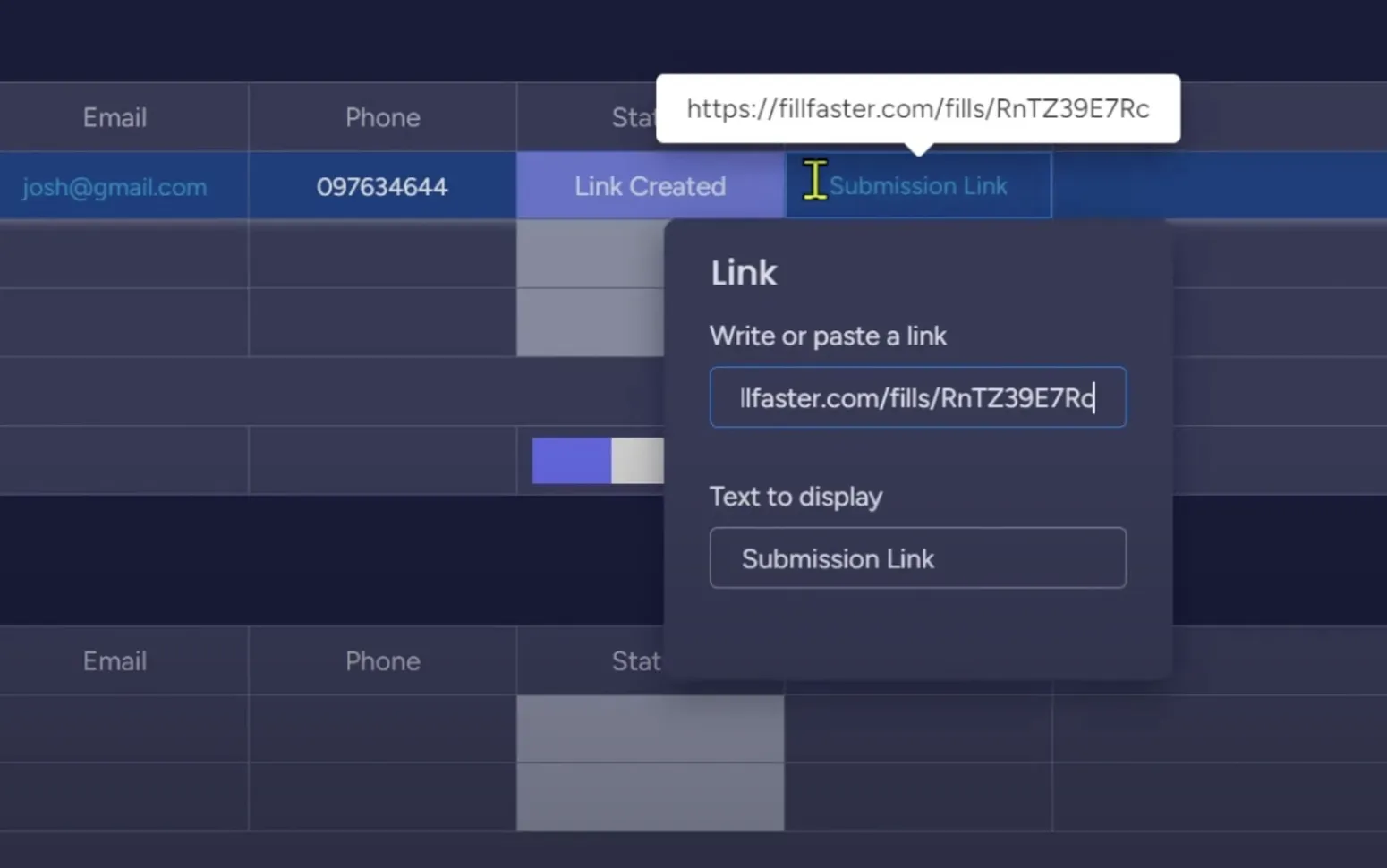 The result of the test run, showing the generated submission link and updated status