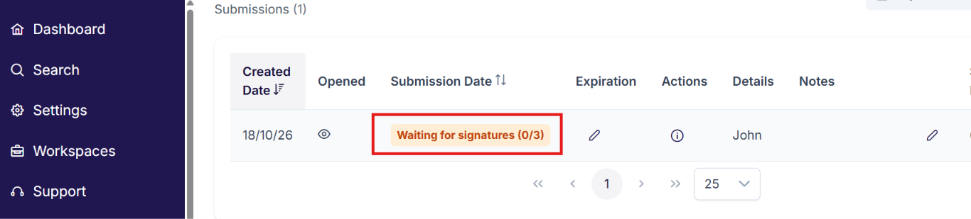 The submissions list with the Waiting for signatures chip