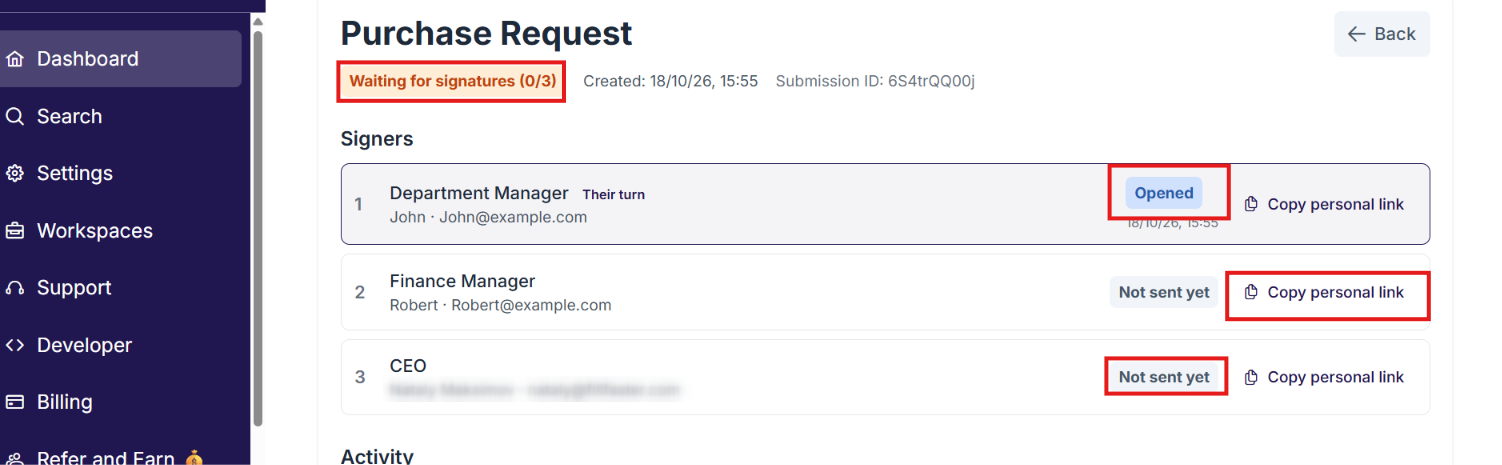 The submission page: signers with statuses, Copy personal link and the activity