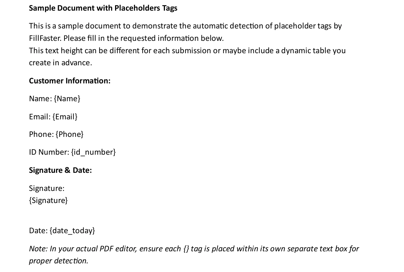 Example of placeholder tags like signature and name in a PDF document