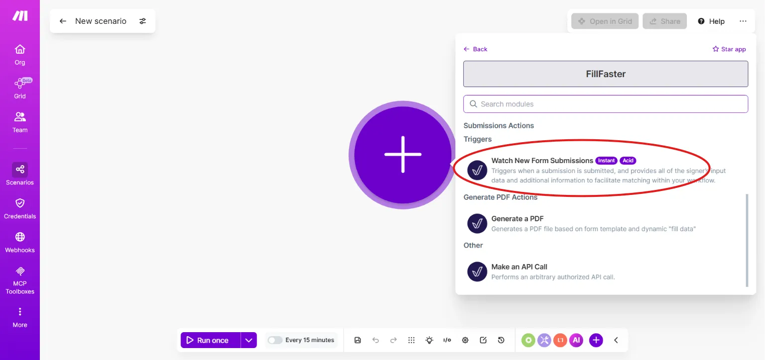 Selecting the 'Watch New Form Submission' trigger