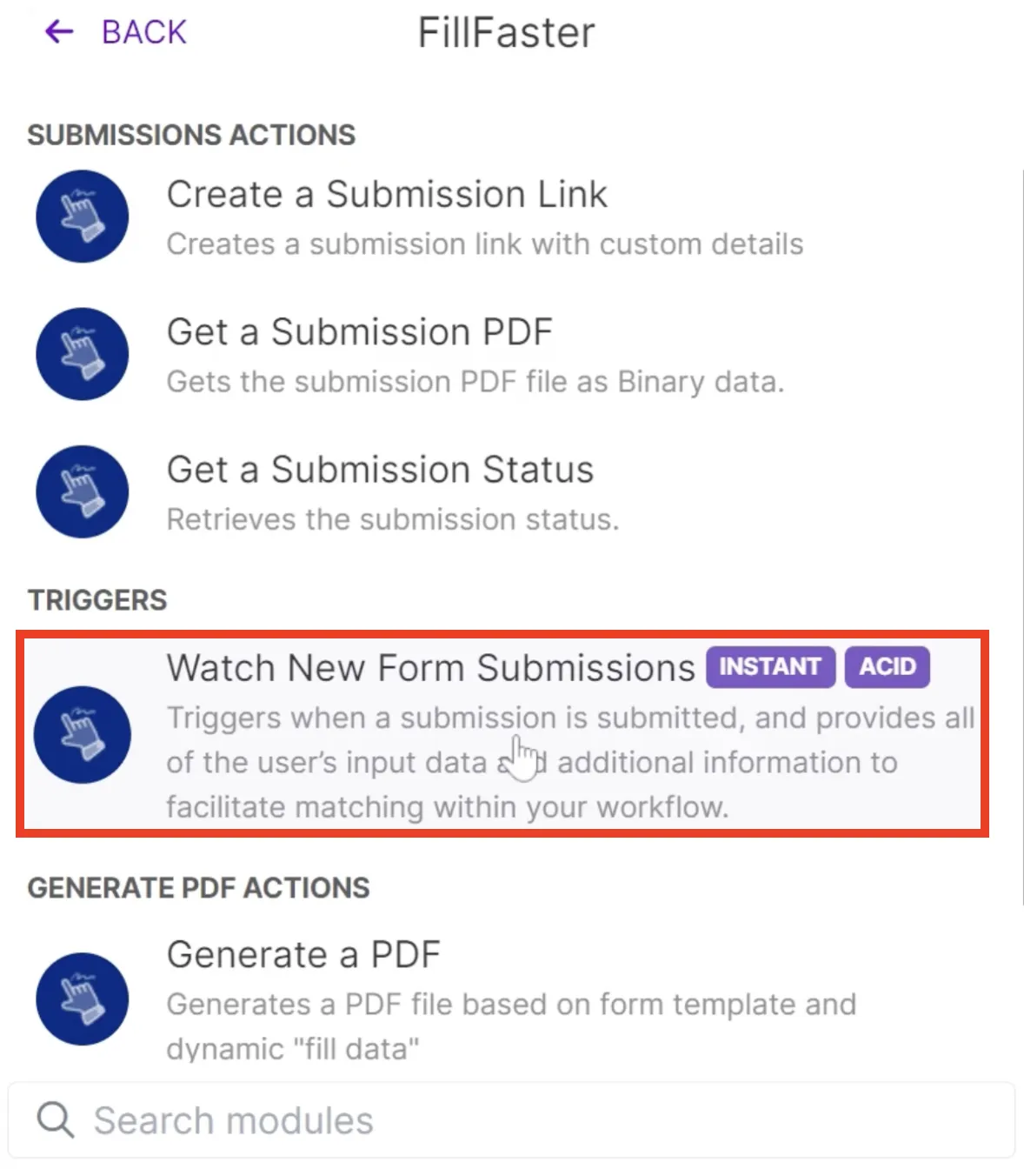 Selecting the 'Watch New Form Submission' trigger