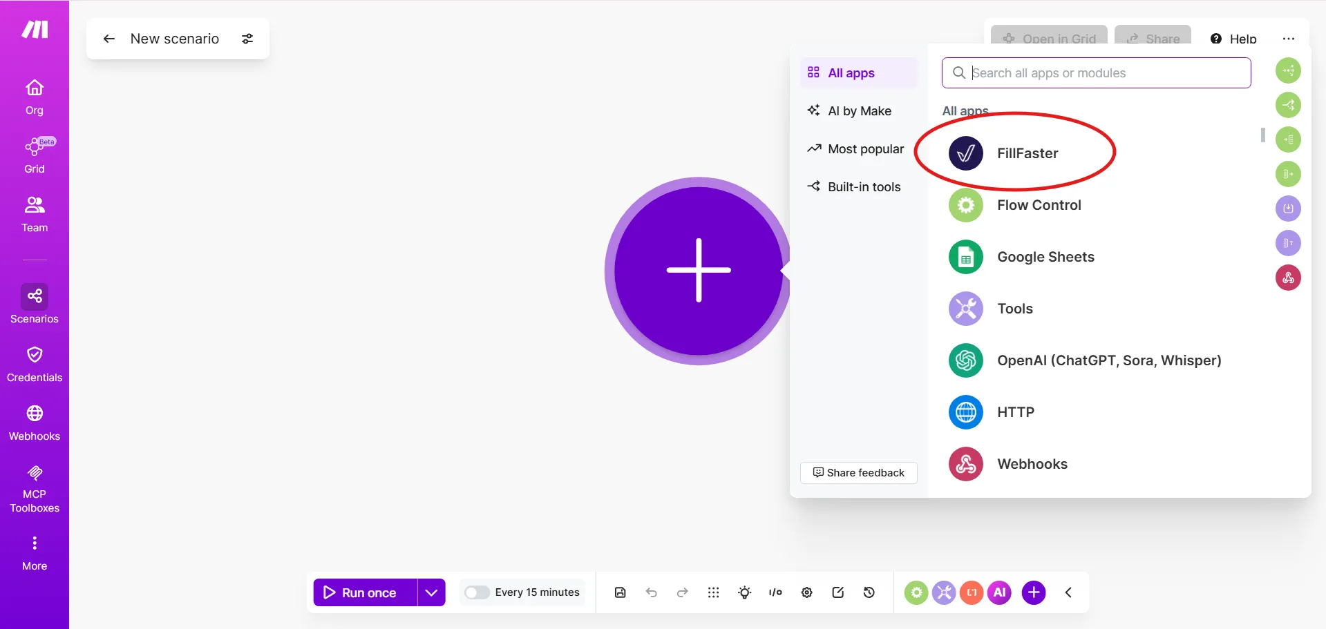 Finding the FillFaster app in Make.com