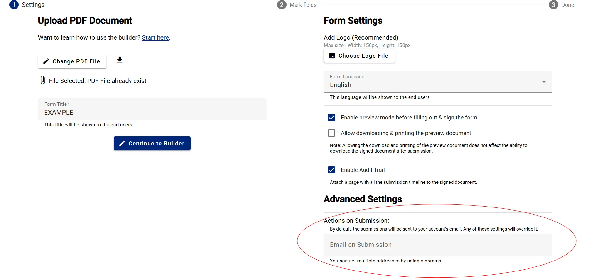 Locating advanced settings and post-submission actions