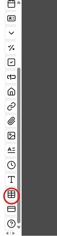 Table component in the fields menu