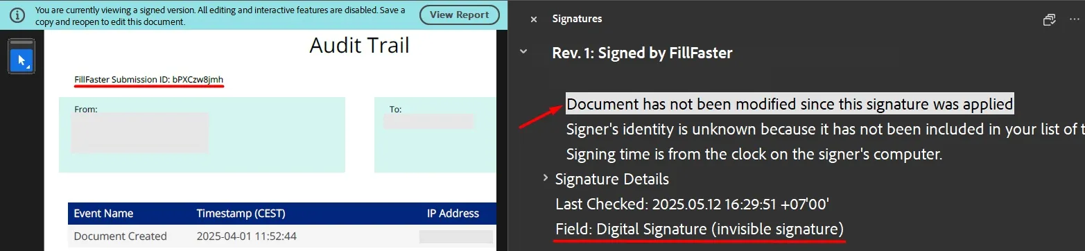 Signature properties window in Acrobat Reader showing certificate details