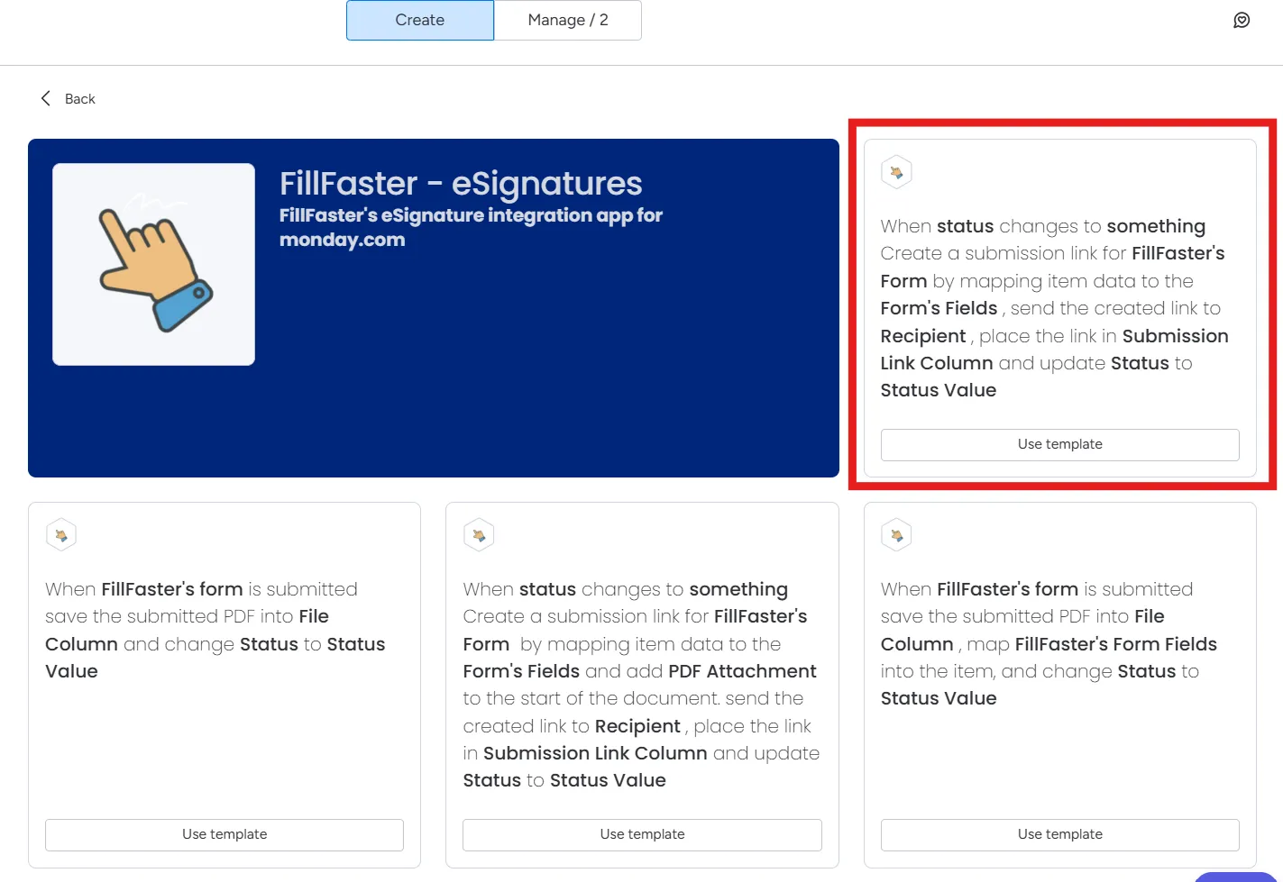 Choosing the recipe to create a submission link when a status changes