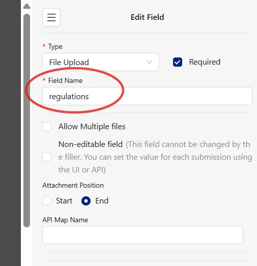 Rename the file upload field in the form builder