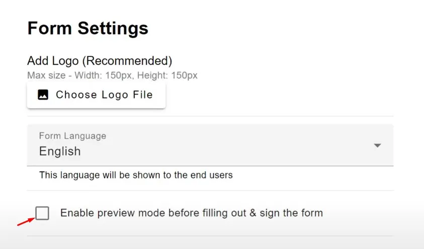 Enabling the preview mode option in the form settings