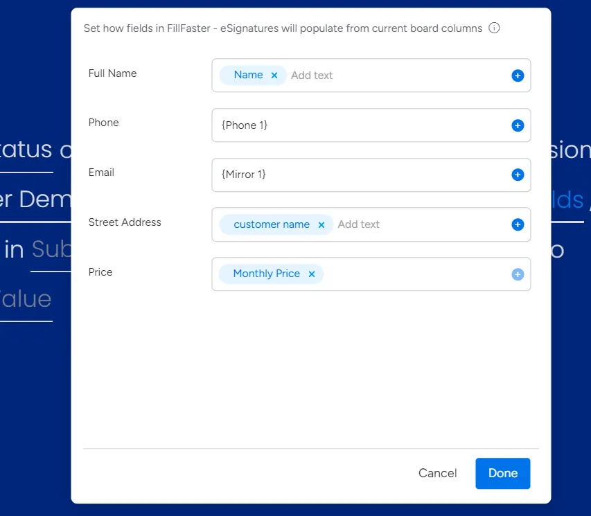 An example of manually mapping a 'Mirror Email' field using curly brackets