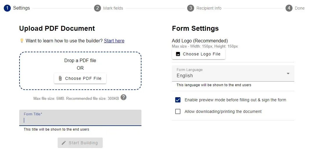 Uploading a PDF document in the FillFaster form builder