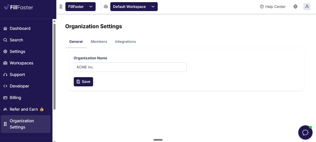 Organization Settings with the Organization Name field