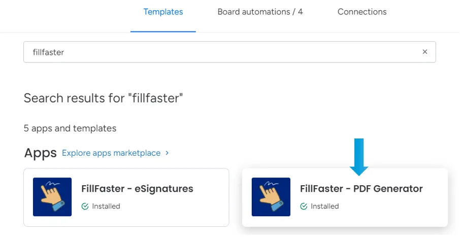 Searching for FillFaster in the monday.com integration templates
