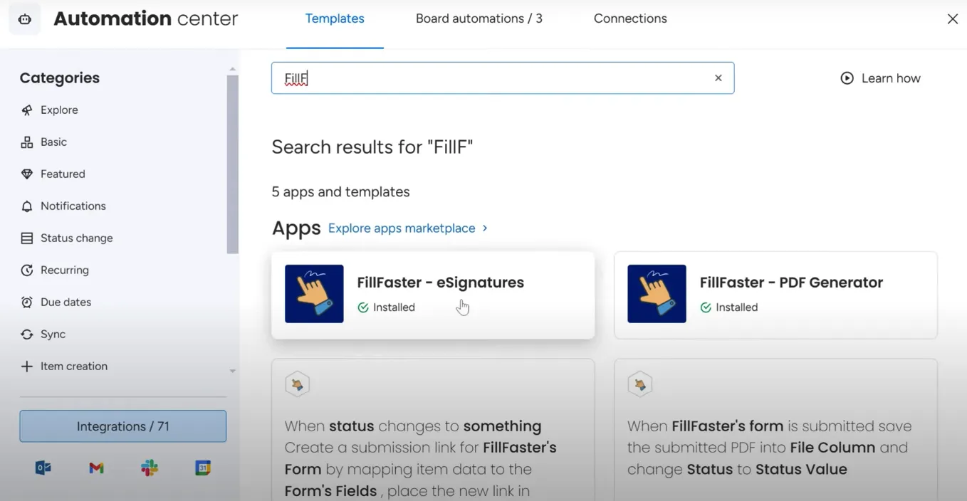 Searching for 'FillFaster eSignatures' in the integration center